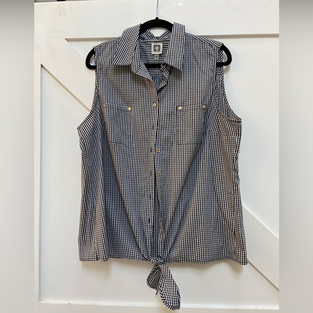 Anne Klein Black & White Plaid Button Down Collard Tank Top